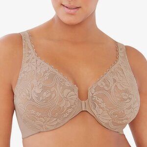 Glamorise Front-Closure Stretch Lace WonderWire Bra in Cafe Nude, 46F